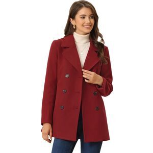 Long Sleeves Double Breasted Button Winter Outerwear Pea Coat Wine Red